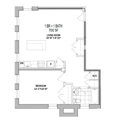 A floor plan of a living room, bedroom, and bathroom.